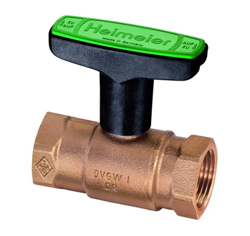 Trinkwasserkugelhahn mit Innengewinde und schwarzem Handgriff, gefertigt aus Rotguss. Produkt von IMI Hydronic Engineering.
